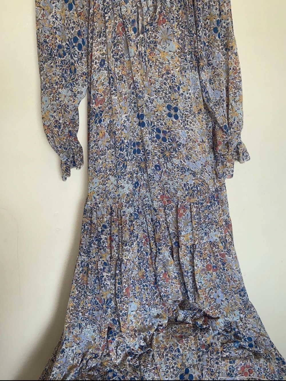 Free People Feeling Groovy Boho Maxi Dress Sz L Sheer Flowy Ruffle Beach Tiered - Picture 4 of 13